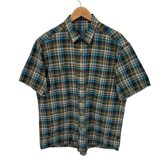 Kuhl‎ Button Front Shirt Mens XL Green Blue Plaid Polyester Blend - Picture 1 of 8
